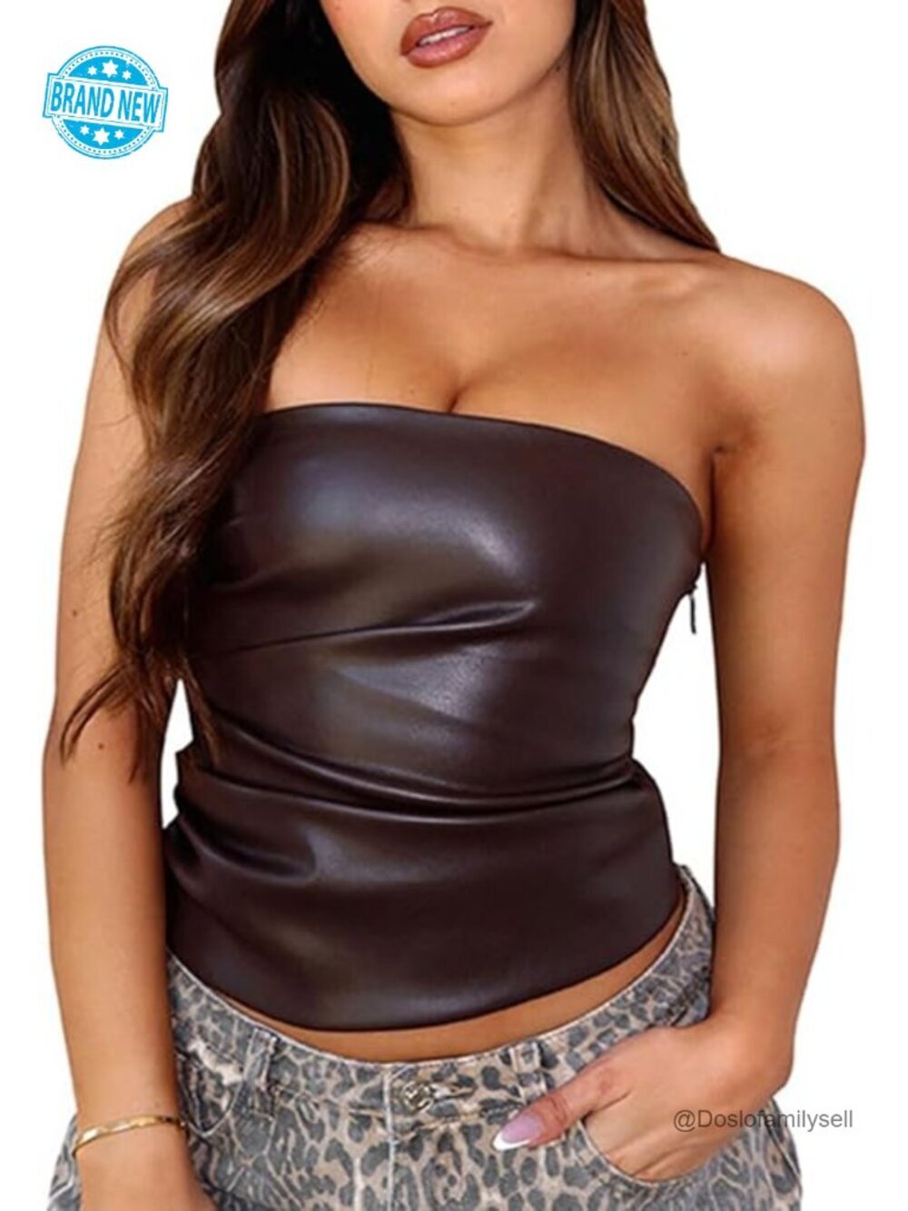 PU Leather Tube Top Strapless Bandeau Ruched Bustier Crop Top Streetwear